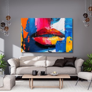 Lips Wall Decor,Lips Poster,Lips Graffiti Canvas Art,Love Heart Painting,Banksy wall art,Feminine Lips Painting,Sensual Lip Art,gift 342A