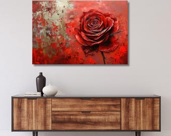 Red rose Oil Painting on canvas,Red rose wall art,Red rose on the branch painting,Red rose print,Red rose panel,Red rose poster,rose 201A