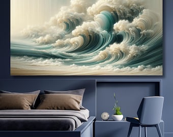 Sage Green Beige Minimalist Beach canvas,Large 3D Textured Wall Art,Ocean Wave Painting on Canvas,Wabi-Sabi Wall Art,Landscape print 786A