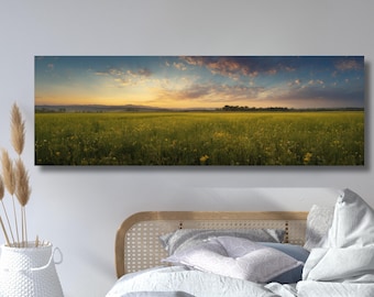 Horisontell 3D-texturerad väggkonst, stor lång bred solnedgångsängsmålning på duk, landskap, panoramautsikt över vildblomsfält, dekor, 875A