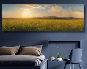 Horisontell 3D-texturerad väggkonst, stor lång bred solnedgångsängsmålning på duk, landskap, panoramautsikt över vildblomsfält, dekor, 856A