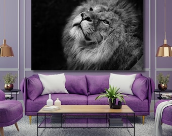 Witte en zwarte leeuw portret canvas, kunst aan de muur leeuw, poster dierenprint, grote muurkunst, abstract canvas, ingelijst canvas, klaar om op te hangen, cadeau 1A