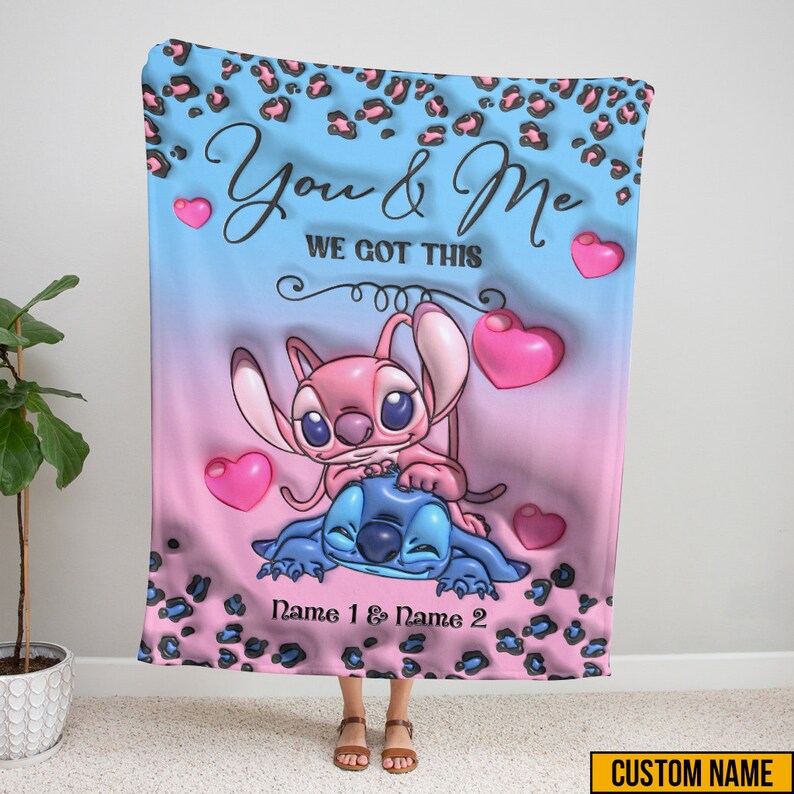 Lilo and Stitch Blanket, Disney Stitch and Angel Blanket, Custom Name Stitch Fleece Blanket