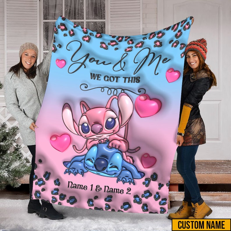 Lilo and Stitch Blanket, Disney Stitch and Angel Blanket, Custom Name Stitch Fleece Blanket
