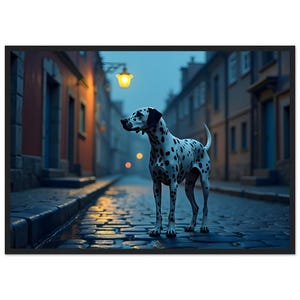 Dalmata al tramonto - Stampa murale urbana con cane, stampa minimalista di strada cittadina, poster suggestivo di animali domestici, illustrazione pittorica di cane