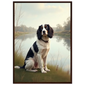 Springer Spaniel vicino all'acqua - Arte murale con cane tranquillo, stampa minimalista naturalistica, poster con cane di campagna, decorazione con paesaggio calmo