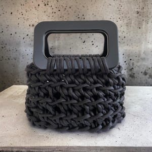 Crochet Handmade Bag with Natural Wooden Handle / Luxury Modern Handbag / Black Crochet Bag / Casual Bag / Modern Bag