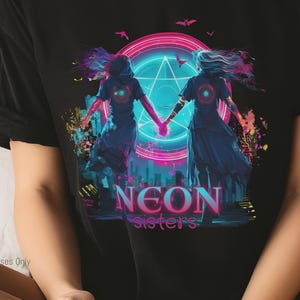 Neon Hexe Schwestern Shirt: Cyberpunk Halloween passendes Tech Tee