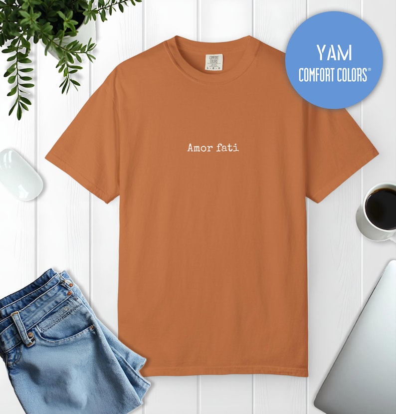 Peut inclure: Un t-shirt &agrave; manches courtes et col rond d'une couleur orange br&ucirc;l&eacute; unie. Le centre de la poitrine pr&eacute;sente le texte "Amor fati" imprim&eacute; dans une police blanche simple. L'&eacute;tiquette int&eacute;rieure du col affiche la marque Comfort Colors.