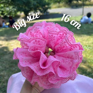 Pink Large Ruffle Scrunchie – Handmade Oversized Lace Hair Tie, 16cm Floral Embroidered Hair Accessory
