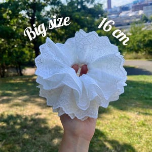 Oversized White Lace Scrunchie – Ruffled Eyelet Hair Tie