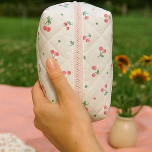 Cherry Quilted Makeup Bag: Handmade Cotton Zipper Pouch