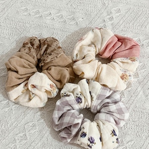 Vintage Style Scrunchie Set: Handmade Floral Gingham Hair Ties