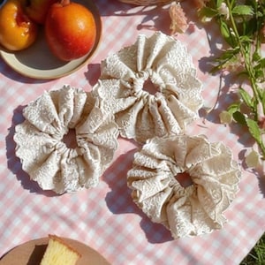 Vintage Cream Lace Scrunchie: Handcrafted Cotton Hair Accessory