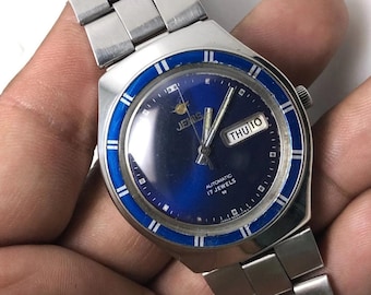 Vintage Jemis 5021-029A Automatik 17 Jewels Blaues Zifferblatt Japan Herren Armbanduhr
