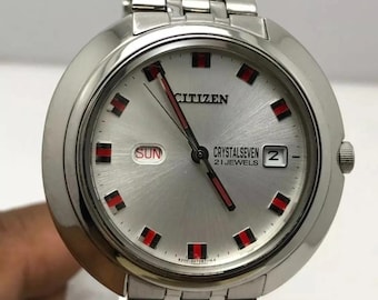 Vintage Rare 80s Citizen Crystal Seven Automatic Offwhite Dial Day
