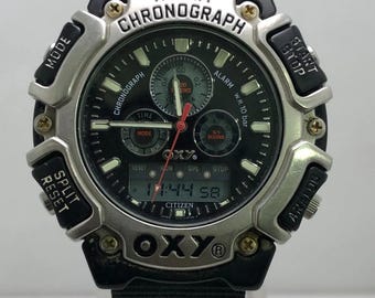 Vintage Citizen Oxy C112-L18838 Alarm Chronograph Ana-Digi Quartz Japan Men's Wristwatch
