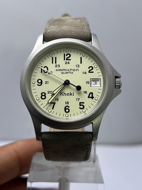 Vintage Hamilton Khaki 9445B Ivory Dial Analog Quartz Swiss Men's Wristwatch