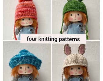 Knitting pattern for four little hats, PDF knitting pattern for four doll hats