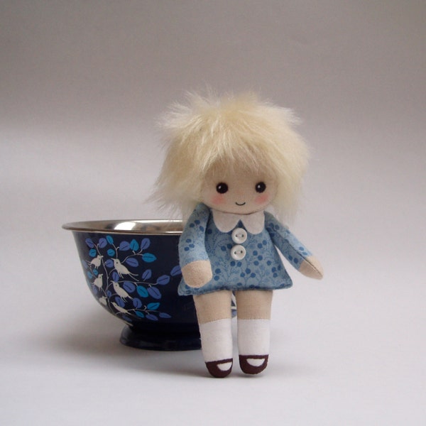 rag doll, miniature collectible rag doll, blonde hair, blue dress