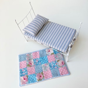 Dolls house bed, make a bed and bedding PDF pattern, tiny patchwork step by step instructions