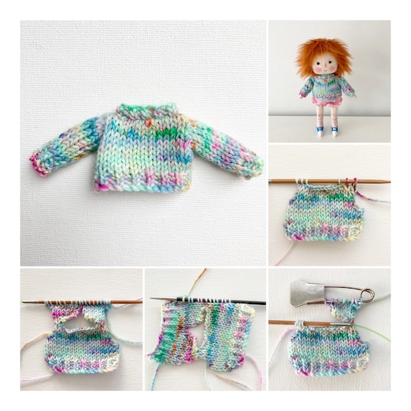 Knitting pattern for tiny sweater, doll's sweater pattern, sweater pattern to fit a 5 inch doll, pdf knitting pattern