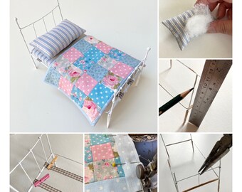 Dolls house bed, make a bed and bedding PDF pattern, tiny patchwork step by step instructions