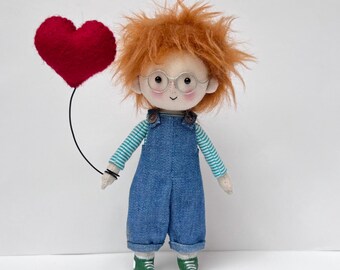 Handmade  Art Doll, Redhead with Heart Balloon
