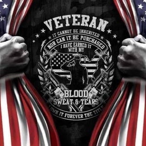 May include: A graphic design featuring the text "VETERAN" with the phrases "IT CANNOT BE INHERITED NOR CAN IT BE PURCHASED I HAVE EARNED IT WITH MY BLOOD SWEAT & TEARS OWN IT FOREVER THE TITLE". The design includes an American flag and a silhouette of a soldier saluting.