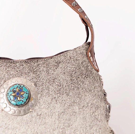 Genuine Leather Cowhide Fringe Purse With Turquoise Accent  display picture 3