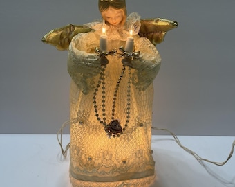 Vtg Christmas Trim A Home Angel Tree Topper Lighted 10" White Lace Gold Wings