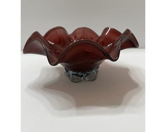 Vintage Art Glass Bowl Hand Blown Ruby Red Ruffle Edge Clear Pedestal  8.75x4"