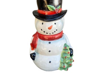 Vintage Top Hat Snowman Ceramic Cookie Jar Maxcera Corp Red Scarf Tree 11.5"