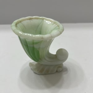 Vintage Green White Swirl Slag Glass Cornucopia Miniature Vase Toothpick Holder