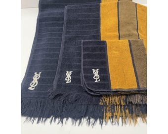 Vintage 1970s Yves Saint Laurent Towel Set By Fieldcrest Navy Blue Gold Stripe