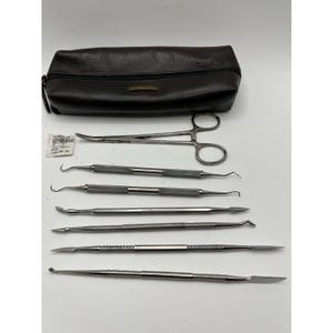 Könnte beinhalten: Ein Set von zahnärztlichen Instrumenten und eine dunkelbraune Ledertasche. Die Werkzeuge bestehen aus Edelstahl und umfassen eine Pinzette, mehrere Zahnstocher und ein spachtelartiges Instrument. Die Tasche hat einen Reißverschluss.