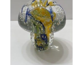Vintage Wheaton Art Glass Mushroom Paperweight Blue Yellow Controlled Bubbles 4"