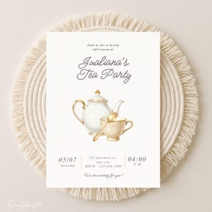 Editable Tea Party Birthday Invitation, Par-tea Invitation, Girl tea Invite, Gold Whimsical Tea Party, 5x7 Invites