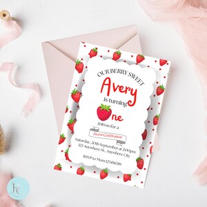 Berry Erste Geburtstagseinladung Vorlage, 1st Birthday Party Girl, Berry erstes Foto Geburtstag einladen, bearbeitbare Vorlage Canva