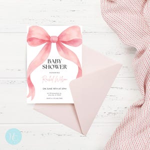 pink Bow Baby Shower Invitation Template Printable Baby Girl Pink Coquette Baby Shower Invite Editable Soft Pink Ribbon Baby Sprinkle Bab340