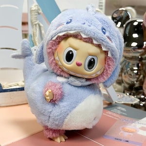 Labubu Doll Outfit 6.7&#39;&#39; | Cute Blue Shark Hat & Bodysuit Set – Cozy Soft Fluffy Plush Clothes – Fits Labubu Gen 1/2/3