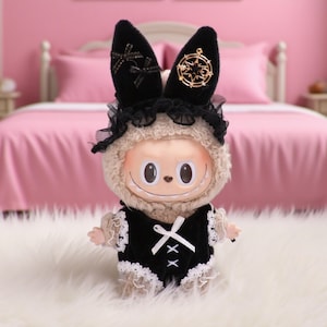 Labubu Doll Outfit Handmade Cute Clothes 6.7''/17cm - Two Pieces – Black Lace Dress with Bow & Star Charm Hat | FIts Gen 1/2/3