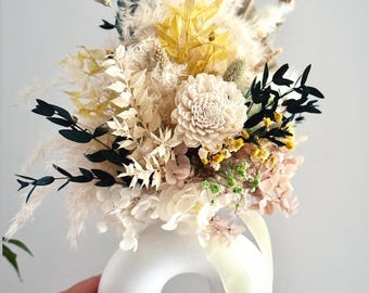 Neutral Dried Flower Arrangement in Modern White Ceramic Vase – Boho Home Decor, Forever Floral Gift