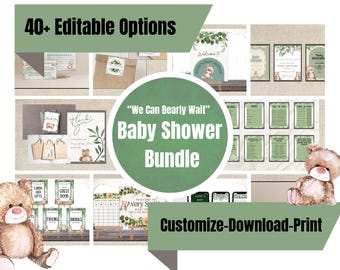 Puede incluir: Un paquete de baby shower con más de 40 opciones editables. La imagen presenta varias decoraciones de baby shower, incluyendo letreros, invitaciones y un oso de peluche. El texto incluye "We Can Bearly Wait" y "Baby Shower Bundle."