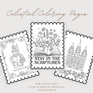 Op de afbeelding: Drie zwart-wit kleurplaten met geschulpte randen. Eén toont een ridder, een andere een open boek met bloemen en de derde een gebouw. Tekst bevat "Celestial Coloring Pages", "Stay in the Scriptures" en "New Collection".
