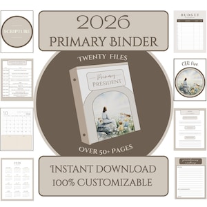 May include: A digital 2026 Primary Binder with over 50 pages, featuring a watercolor illustration of a figure with children. The binder includes sections for scripture, budget, goals, and more. The design is 100% customizable and available for instant download.