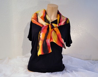 Hand-Painted 100% Silk Scarf. Black Fuchsia Orange Gold Size 8x52" "Butterfly"