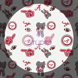 May include: A repeating pattern featuring the University of Alabama's 'A' logo, American footballs, and cartoon elephants in crimson and white. The design includes a pointing hand and circular logos, with the text "A2 Studio A".