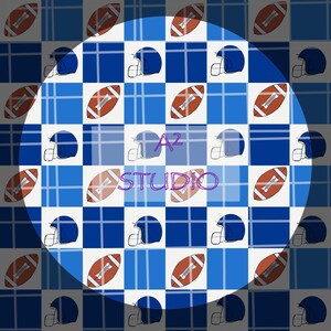 May include: A repeating pattern featuring football helmets and footballs on a blue and white checkered background. The image has a circular gradient overlay and the text "A2 STUDIO" in the center.