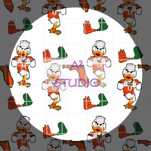 May include: A repeating pattern featuring a cartoon duck in a sailor hat and orange and white outfit. The duck is in a fighting stance. Also included are orange and green shapes and the text "A2 STUDIO".